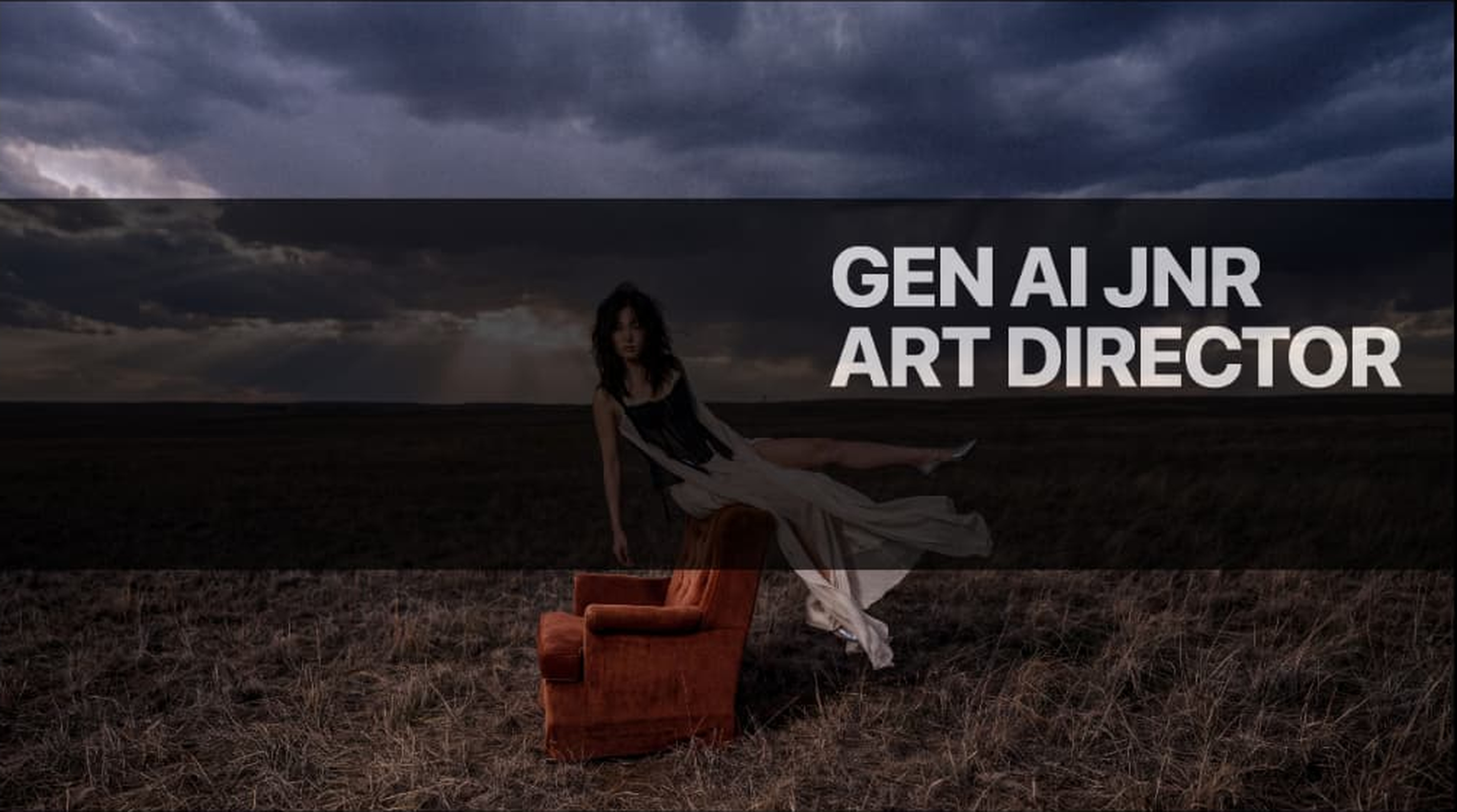 Gen AI art director artwork with a woman and rust-red chair beneath a stormy sky