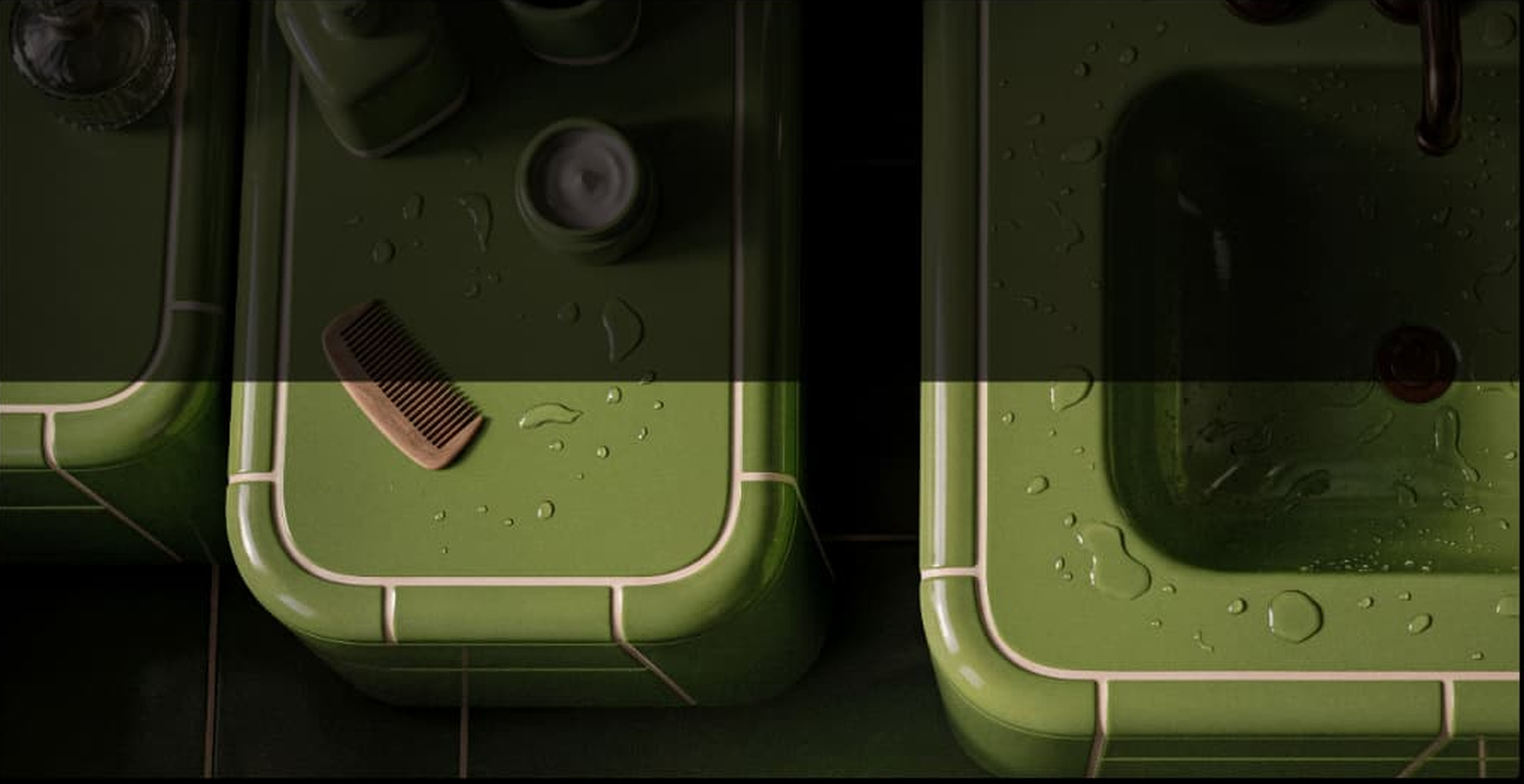 Green tiled sinks with beauty objects and water droplets