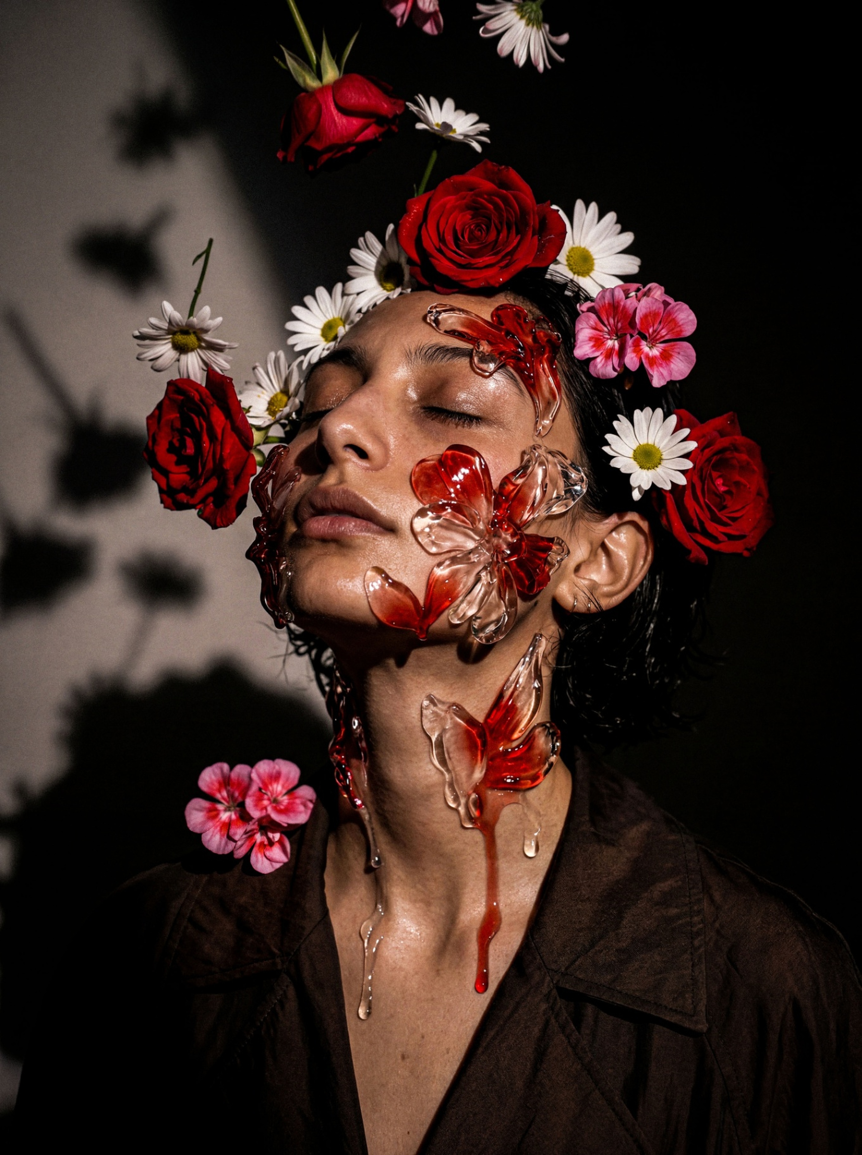 Portrait with floral composition and translucent red textures