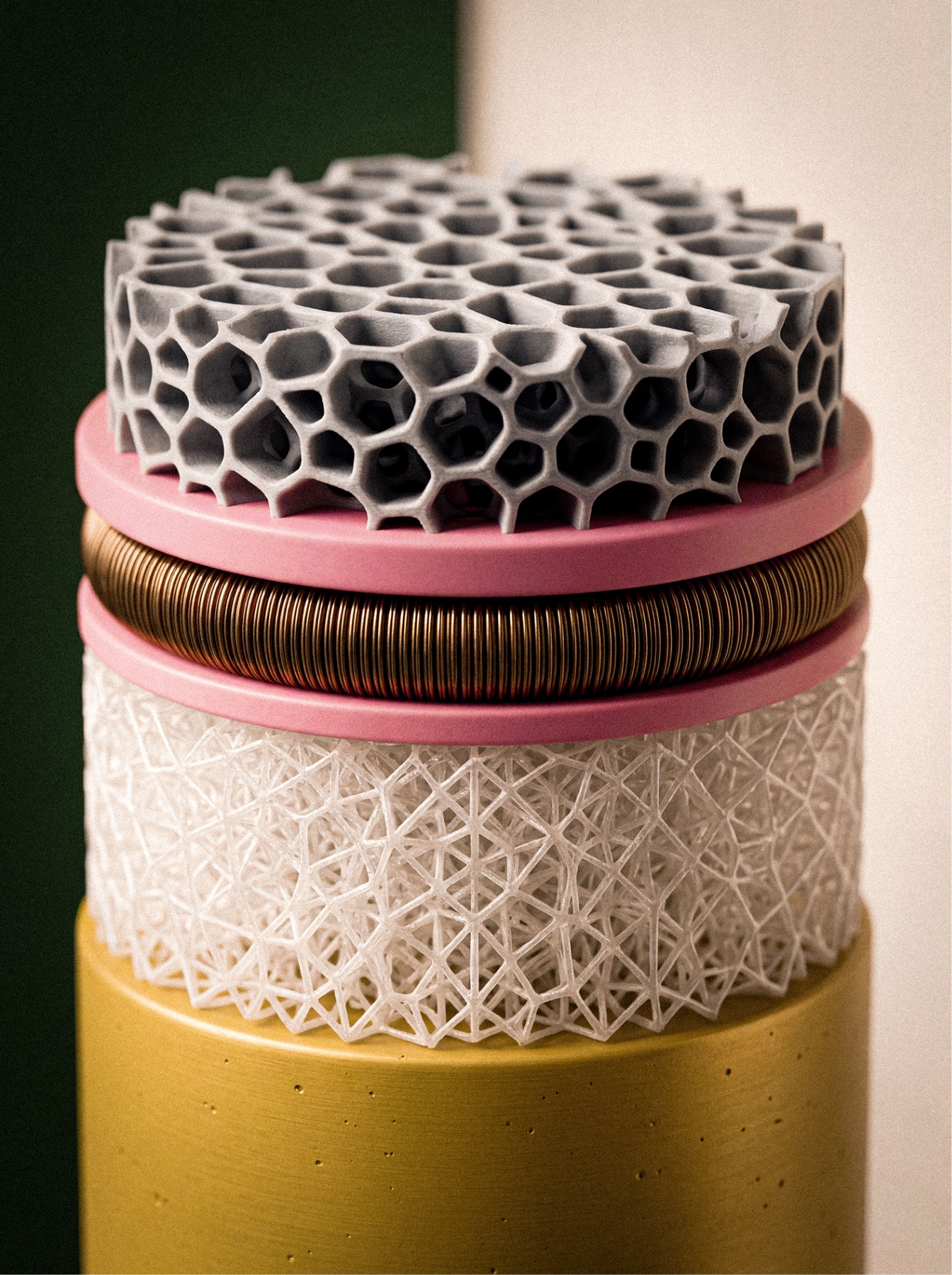 Sculptural material study in pink and ochre