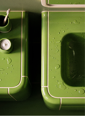 Green lacquered objects with water droplets